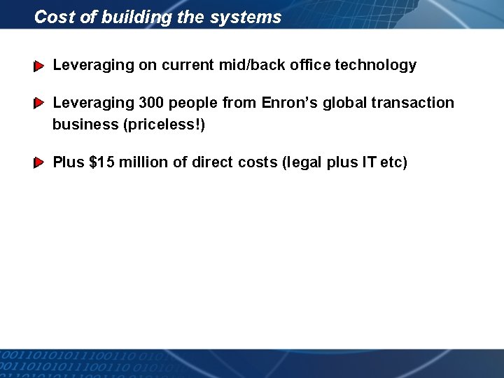 Cost of building the systems Leveraging on current mid/back office technology Leveraging 300 people