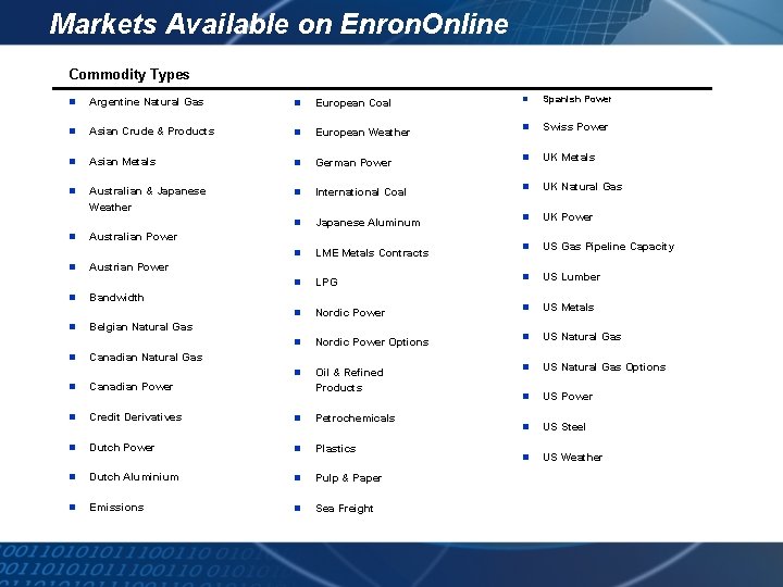 Markets Available on Enron. Online Commodity Types n Argentine Natural Gas n European Coal
