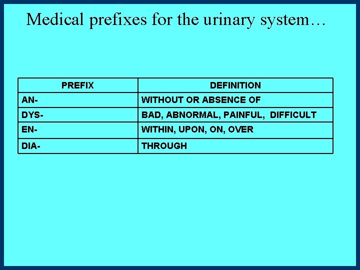 Medical prefixes for the urinary system… PREFIX DEFINITION AN- WITHOUT OR ABSENCE OF DYS-