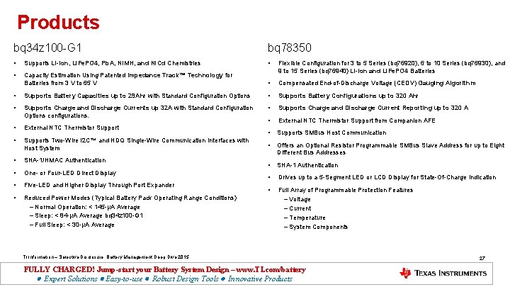 Products bq 34 z 100 -G 1 bq 78350 • Supports Li-Ion, Li. Fe.