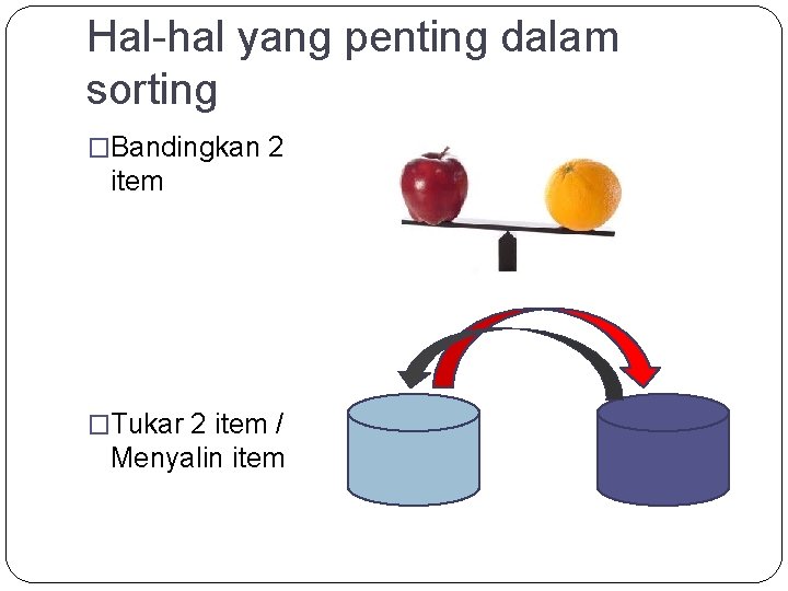 Hal-hal yang penting dalam sorting �Bandingkan 2 item �Tukar 2 item / Menyalin item