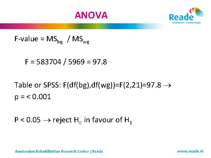 ANOVA F-value = MSbg / MSwg F = 583704 / 5969 = 97. 8 ANOVA F-value = MSbg / MSwg F = 583704 / 5969 = 97. 8
