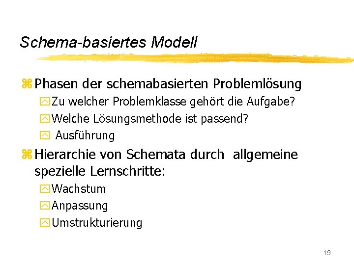 Schema-basiertes Modell z Phasen der schemabasierten Problemlösung y. Zu welcher Problemklasse gehört die Aufgabe?