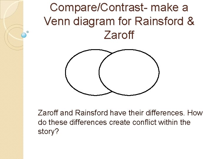 Compare/Contrast- make a Venn diagram for Rainsford & Zaroff and Rainsford have their differences.
