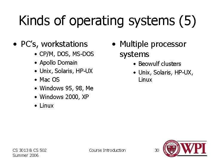 Kinds of operating systems (5) • PC’s, workstations • • CP/M, DOS, MS-DOS Apollo