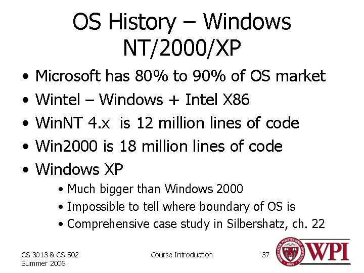 OS History – Windows NT/2000/XP • • • Microsoft has 80% to 90% of