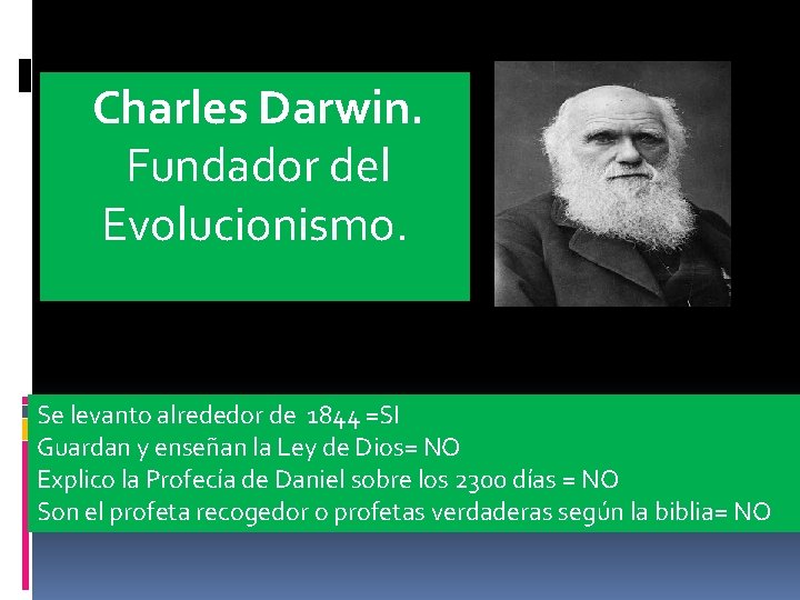 Charles Darwin. Fundador del Evolucionismo. Se levanto alrededor de 1844 =SI Guardan y enseñan