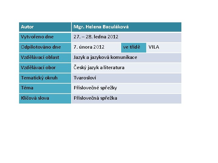 Autor Mgr. Helena Baculáková Vytvořeno dne 27. – 28. ledna 2012 Odpilotováno dne 7.