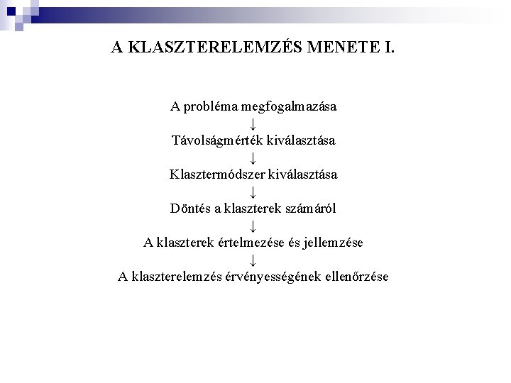 A KLASZTERELEMZÉS MENETE I. A probléma megfogalmazása ↓ Távolságmérték kiválasztása ↓ Klasztermódszer kiválasztása ↓