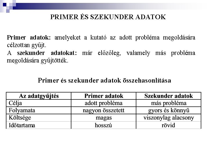PRIMER ÉS SZEKUNDER ADATOK Primer adatok: amelyeket a kutató az adott probléma megoldására célzottan PRIMER ÉS SZEKUNDER ADATOK Primer adatok: amelyeket a kutató az adott probléma megoldására célzottan