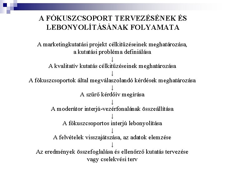 A FÓKUSZCSOPORT TERVEZÉSÉNEK ÉS LEBONYOLÍTÁSÁNAK FOLYAMATA A marketingkutatási projekt célkitűzéseinek meghatározása, a kutatási probléma