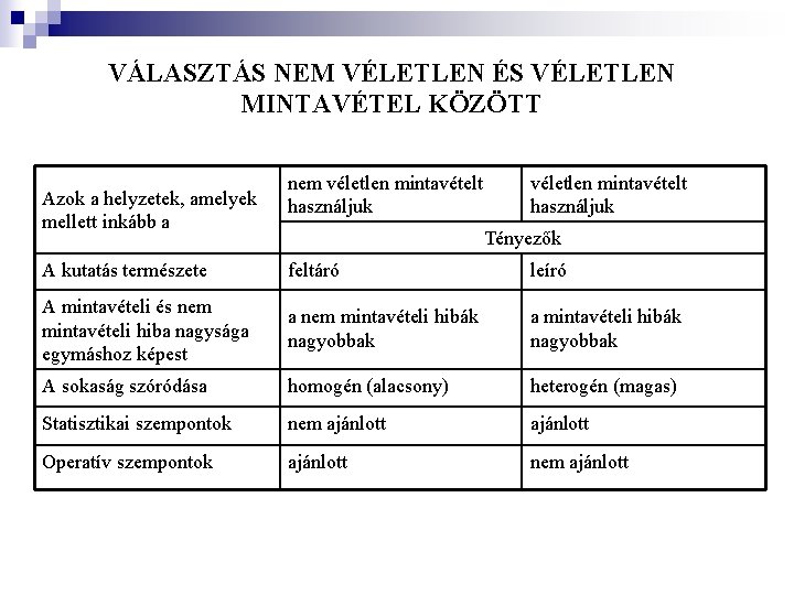 VÁLASZTÁS NEM VÉLETLEN ÉS VÉLETLEN MINTAVÉTEL KÖZÖTT Azok a helyzetek, amelyek mellett inkább a VÁLASZTÁS NEM VÉLETLEN ÉS VÉLETLEN MINTAVÉTEL KÖZÖTT Azok a helyzetek, amelyek mellett inkább a