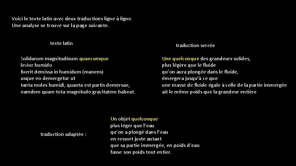 Voici le texte latin avec deux traductions ligne à ligne. Une analyse se trouve