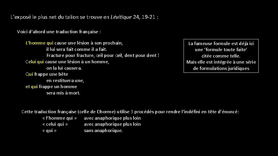 L’exposé le plus net du talion se trouve en Lévitique 24, 19 -21 :