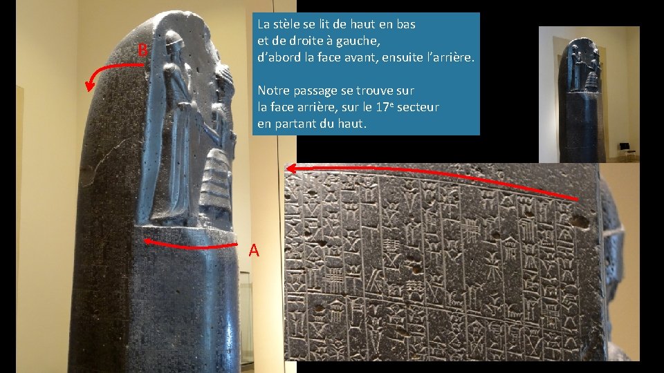 B La stèle se lit de haut en bas et de droite à gauche,