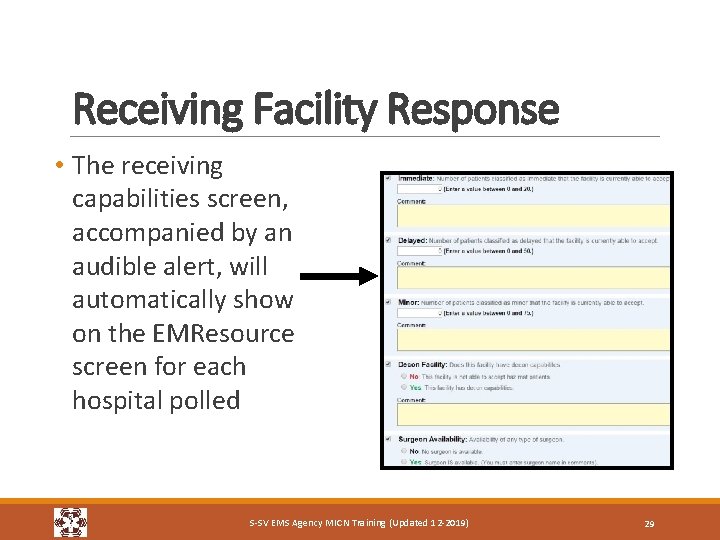 Receiving Facility Response • The receiving capabilities screen, accompanied by an audible alert, will
