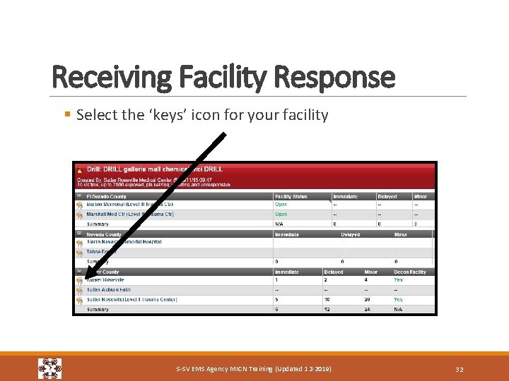 Receiving Facility Response § Select the ‘keys’ icon for your facility S-SV EMS Agency