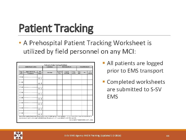 Patient Tracking • A Prehospital Patient Tracking Worksheet is utilized by field personnel on
