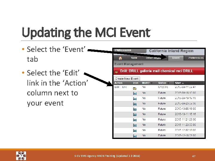 Updating the MCI Event • Select the ‘Event’ tab • Select the ‘Edit’ link