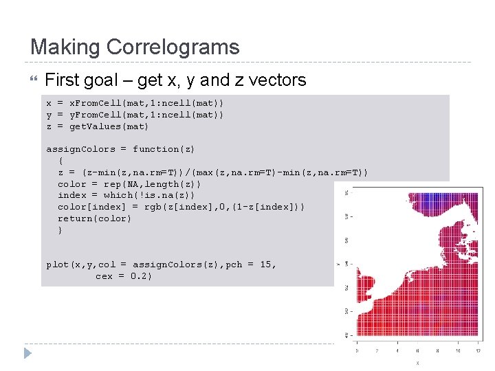 Making Correlograms First goal – get x, y and z vectors x = x.