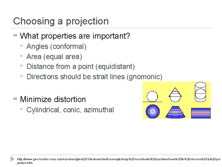 Choosing a projection What properties are important? Angles (conformal) Area (equal area) Distance from