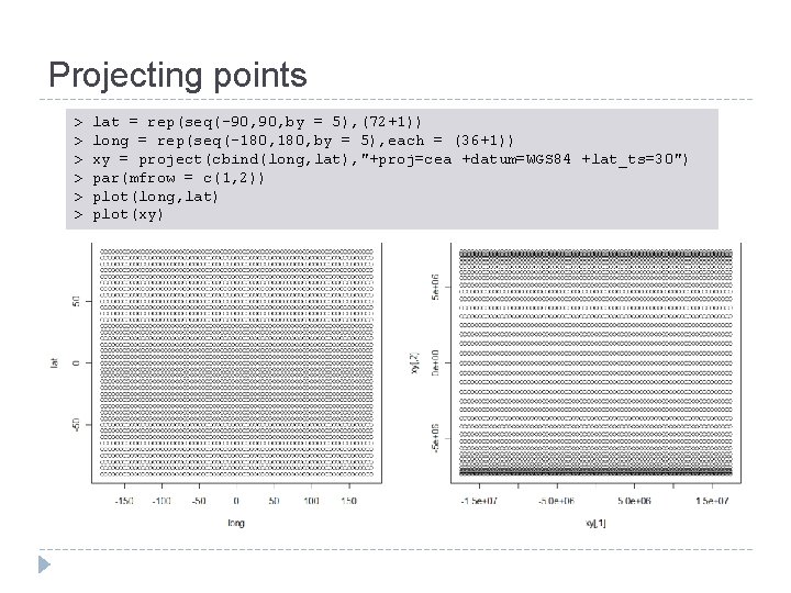 Projecting points > > > lat = rep(seq(-90, by = 5), (72+1)) long =