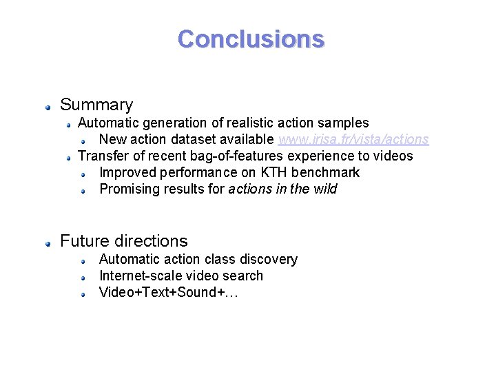Conclusions Summary Automatic generation of realistic action samples New action dataset available www. irisa. Conclusions Summary Automatic generation of realistic action samples New action dataset available www. irisa.