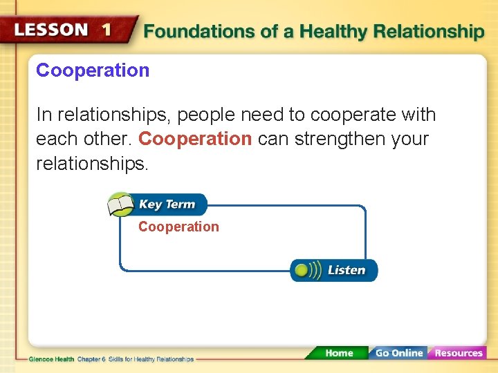 Cooperation In relationships, people need to cooperate with each other. Cooperation can strengthen your