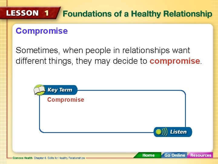 Compromise Sometimes, when people in relationships want different things, they may decide to compromise.