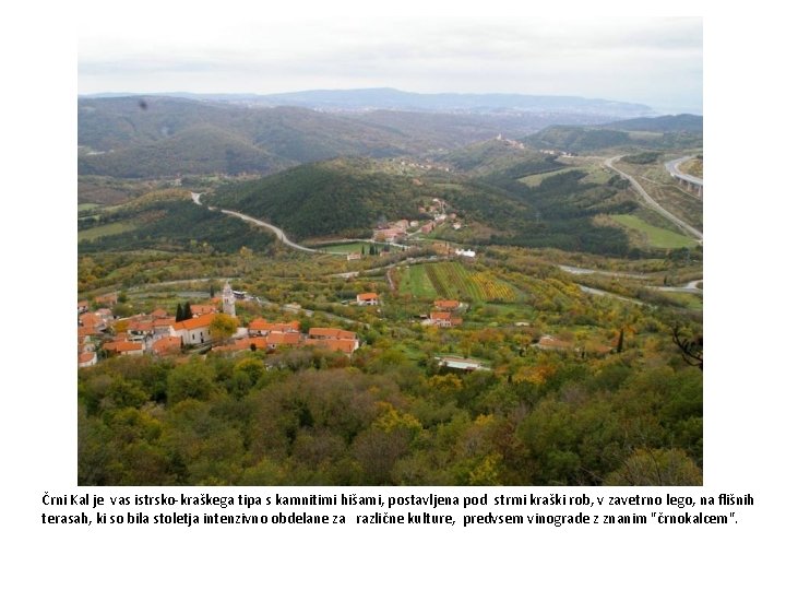 Črni Kal je vas istrsko-kraškega tipa s kamnitimi hišami, postavljena pod strmi kraški rob,