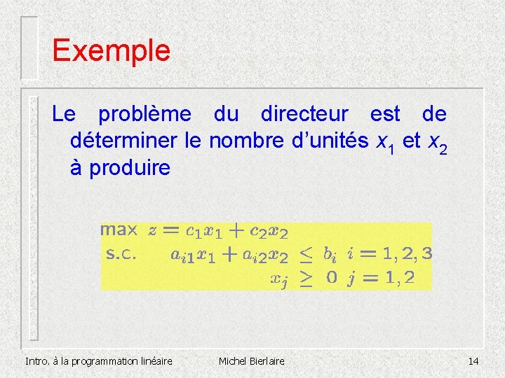 Exemple Le problème du directeur est de déterminer le nombre d’unités x 1 et Exemple Le problème du directeur est de déterminer le nombre d’unités x 1 et