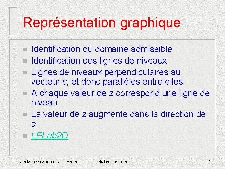 Représentation graphique n n n Identification du domaine admissible Identification des lignes de niveaux Représentation graphique n n n Identification du domaine admissible Identification des lignes de niveaux