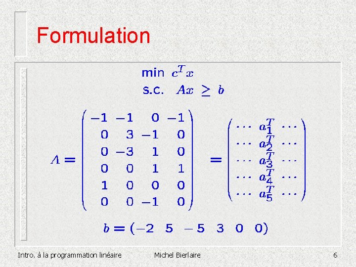 Formulation Intro. à la programmation linéaire Michel Bierlaire 6 Formulation Intro. à la programmation linéaire Michel Bierlaire 6