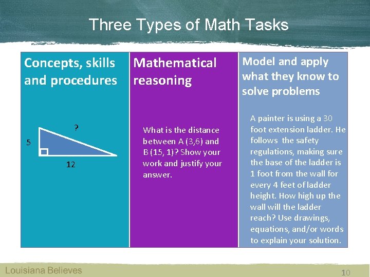 Three Types of Math Tasks Concepts, skills and procedures ? 5 12 Mathematical reasoning