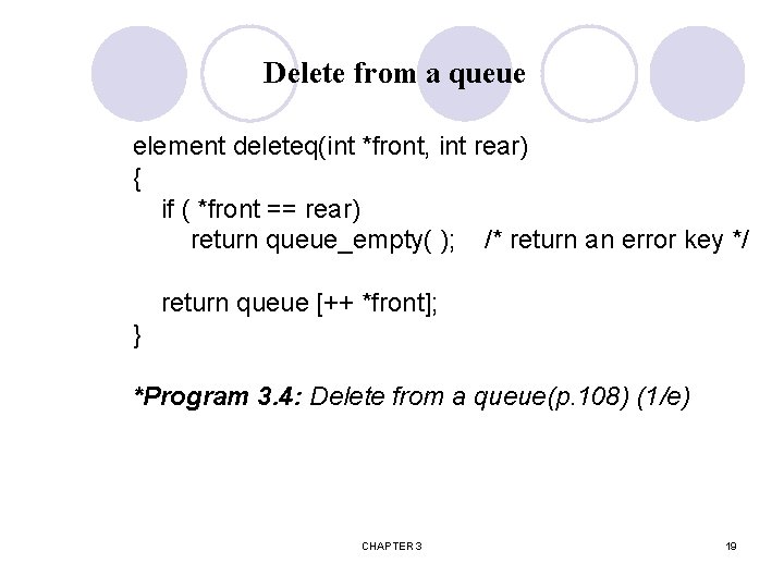 Delete from a queue element deleteq(int *front, int rear) { if ( *front ==