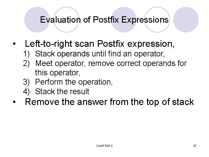 Evaluation of Postfix Expressions • Left-to-right scan Postfix expression, 1) Stack operands until find