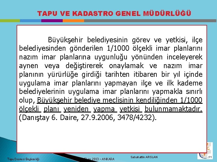 TAPU VE KADASTRO GENEL MÜDÜRLÜĞÜ Büyükşehir belediyesinin görev ve yetkisi, ilçe belediyesinden gönderilen 1/1000