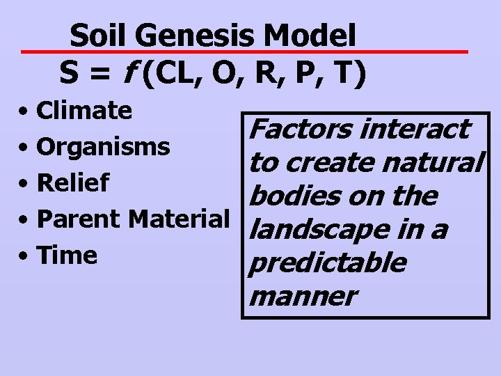 Soil Genesis Model S = f (CL, O, R, P, T) • Climate •