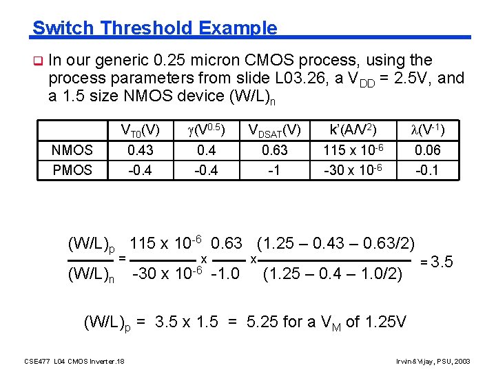 Switch Threshold Example q In our generic 0. 25 micron CMOS process, using the