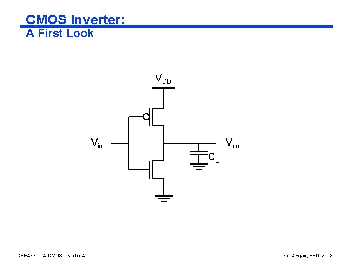 CMOS Inverter: A First Look VDD Vin Vout CL CSE 477 L 04 CMOS