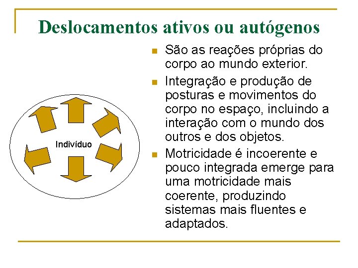 Deslocamentos ativos ou autógenos n n Indivíduo n São as reações próprias do corpo