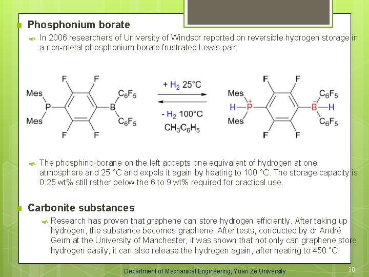 n n Phosphonium borate In 2006 researchers of University of Windsor reported on reversible