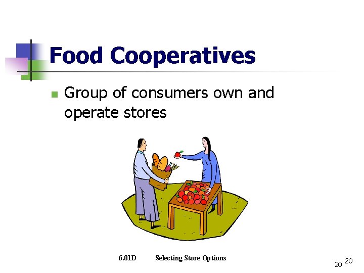 Food Cooperatives n Group of consumers own and operate stores 6. 01 D Selecting