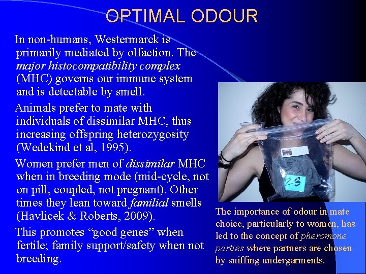 OPTIMAL ODOUR In non-humans, Westermarck is primarily mediated by olfaction. The major histocompatibility complex