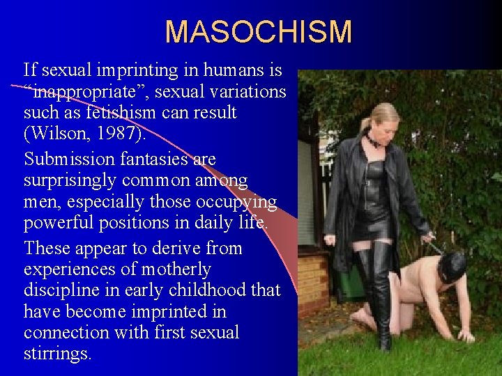 MASOCHISM If sexual imprinting in humans is “inappropriate”, sexual variations such as fetishism can