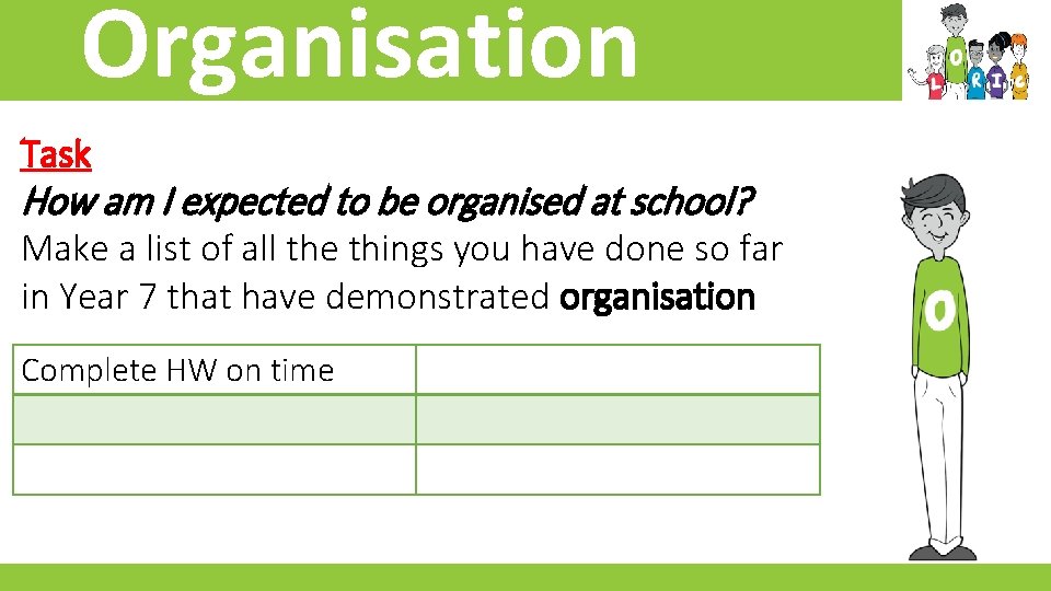 Organisation Task How am I expected to be organised at school? Make a list