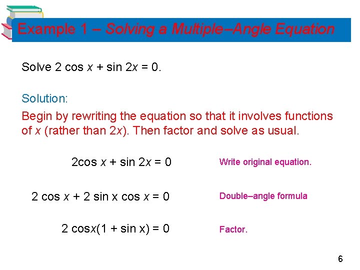Example 1 – Solving a Multiple –Angle Equation Solve 2 cos x + sin