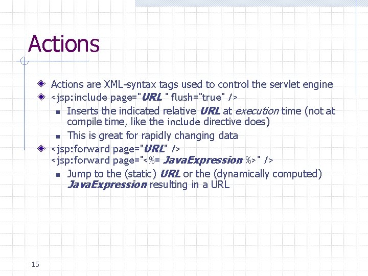 Actions are XML-syntax tags used to control the servlet engine <jsp: include page="URL "