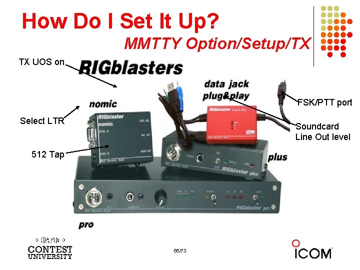 How Do I Set It Up? MMTTY Option/Setup/TX TX UOS on FSK/PTT port Select