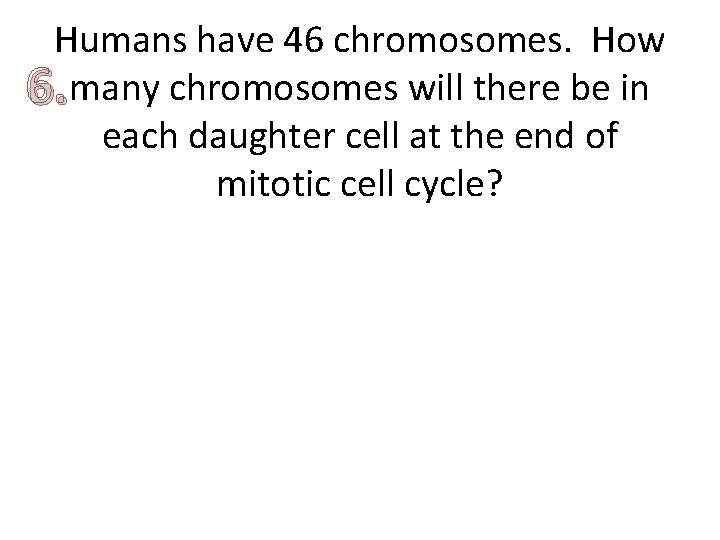 Humans have 46 chromosomes. How 6. many chromosomes will there be in each daughter